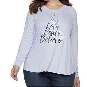 EVRI Women's Christmas Joy Peace Long Sleeve Graphic Crewneck Top Sz 0X NWT